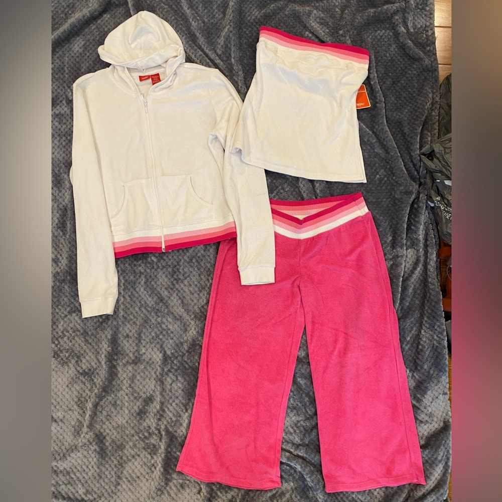 PC super cool vintage Y2K 3 piece terry cloth tracksuit outfit in white and pink